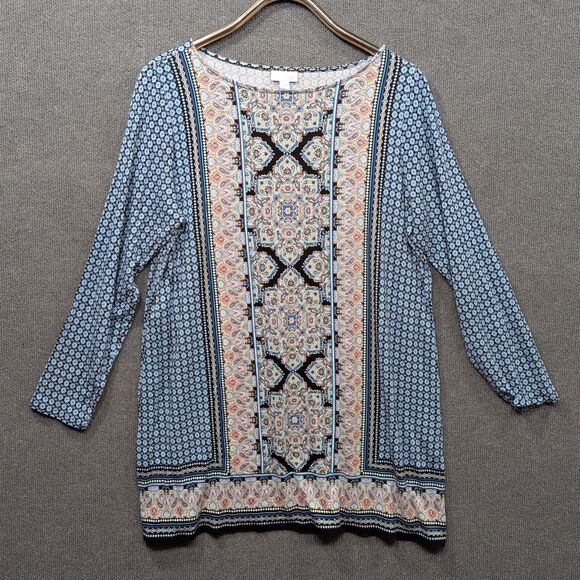 J Jill Tunic Top Womens Large Mixed Prints Pullover Stretch Shirt Boho Hippie - Picture 1 of 9